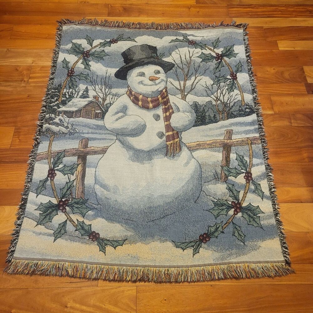 56X44 Vintage Holiday Unisex Multicolor Cotton Tapestry Snowman Throw Blanket